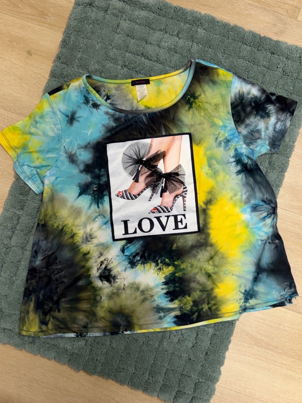 First Love Women's Tie- Dye Short Sleeve Tee in Yellow, Blue, Black Plus 2X